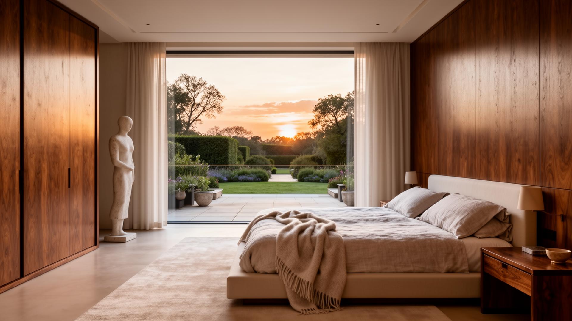 Principal bedroom suite opening to private garden at dawn
