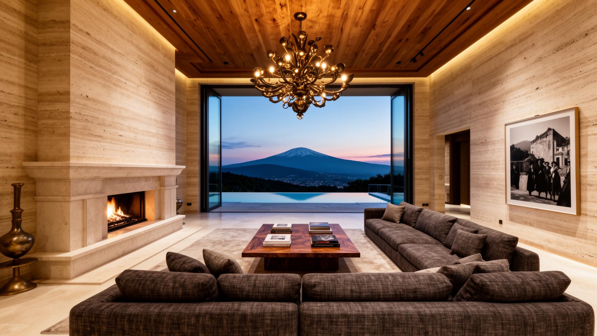 Double-height estate living room with travertine walls and bronze chandelier