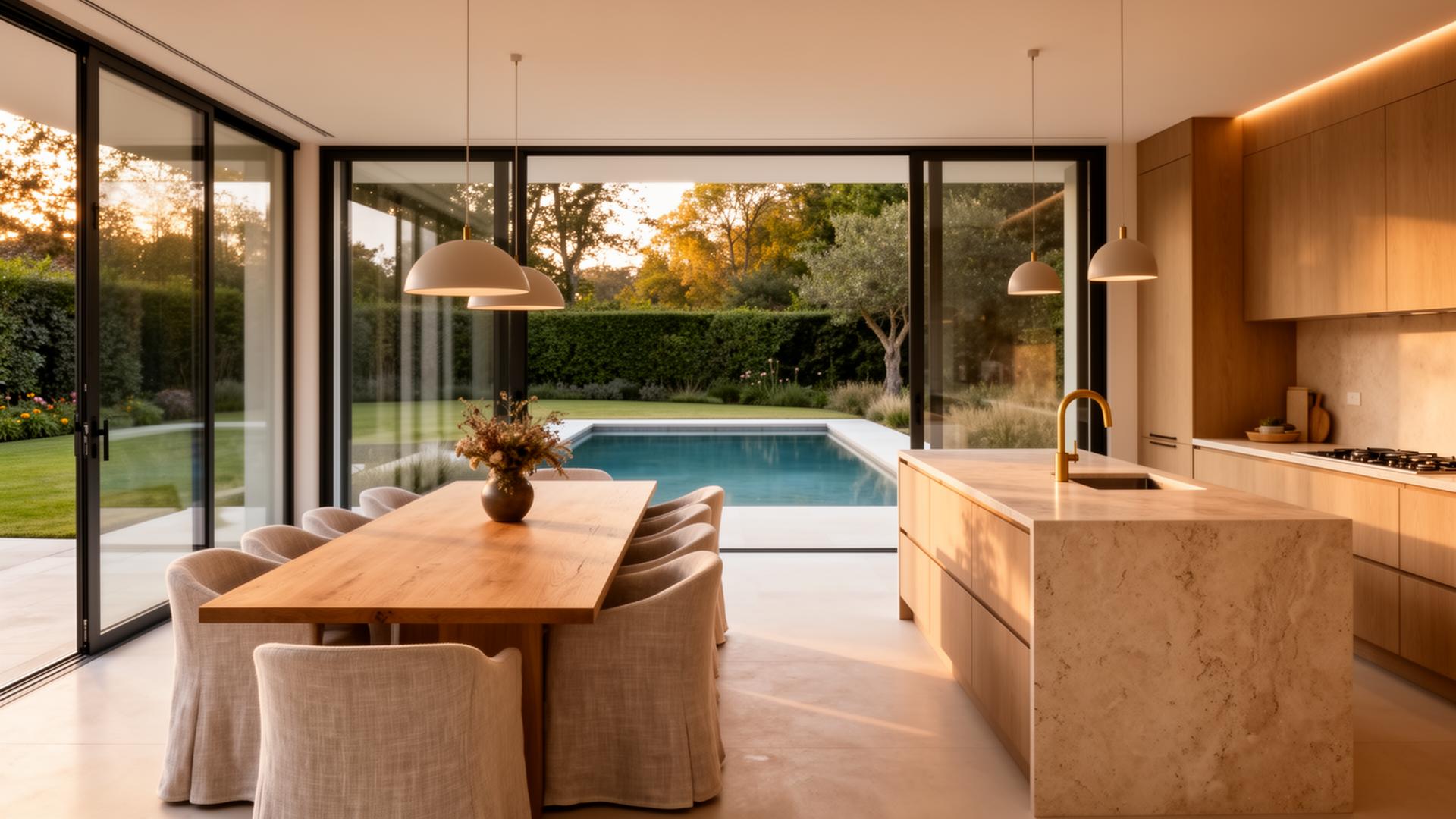 Open-plan kitchen and dining opening to garden and pool