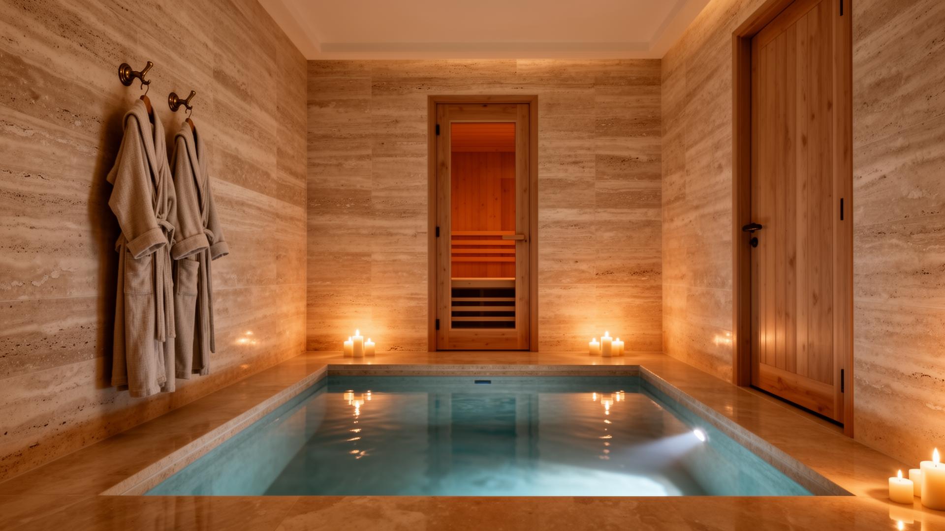 Private travertine spa with sunken plunge pool and sauna